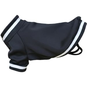 A dog's varsity jacket in black with white stripes, featuring a sporty design and a logo patch.