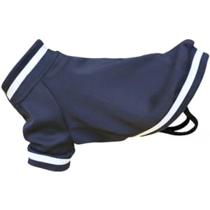 A navy blue varsity jacket for dogs with white stripes along the sleeves and an adjustable fit feature.