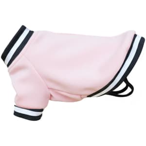 A pink dog's varsity jacket with black and white stripes along the sleeves and bottom. It features a logo.