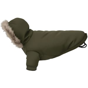 A dog parka jacket in olive green with a faux fur-lined hood and adjustable features. It has a logo on the side.