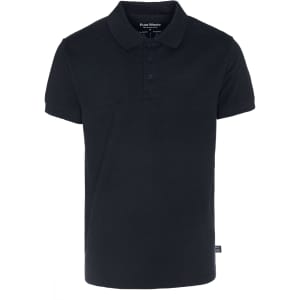 A navy blue men's pique polo shirt with a collar and three buttons, featuring a small logo on the side.