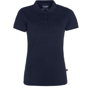 A navy women's pique polo shirt with a collared neckline and short sleeves. It features a logo on the side.