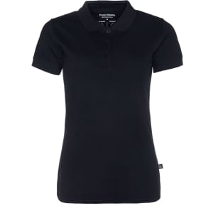 A black women's pique polo shirt featuring a classic collar, three-button placket, and a branding logo.