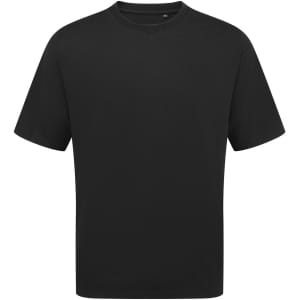 An oversized black T-shirt with short sleeves and a simple design. It features a logo on the front.