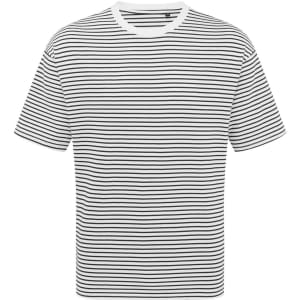 A striped oversized T-shirt in white and black, featuring a crew neckline and short sleeves.