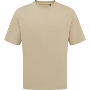 A beige oversized t-shirt with a round neckline, featuring a logo on the chest area.