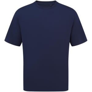 A navy oversized T-shirt with a crew neckline. The shirt has a simple design and features a logo.