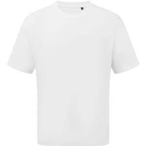 A white oversized t-shirt featuring short sleeves and a branding logo.