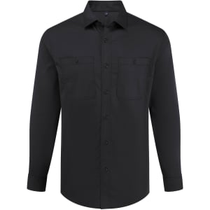A black button-up shirt featuring long sleeves and two chest pockets, with a logo visible.