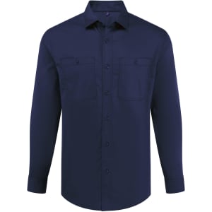 A navy button-up shirt featuring a collar and two front pockets. The shirt has a logo on it.