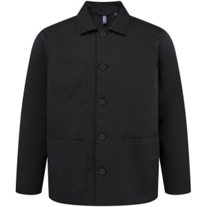 A black chore jacket with a collar, front buttons, and pockets, featuring a logo on the inside.