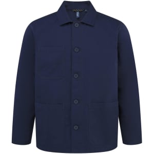 A navy blue chore jacket with a collared neckline, button front, and two front pockets. It features a logo.