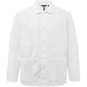 A white chore jacket featuring a button-up front, long sleeves, and two front pockets. It has a branding logo.