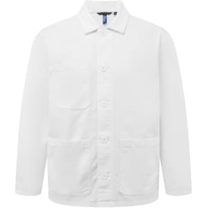 A white chore jacket featuring a button-up front and multiple pockets. It includes a logo on the label.