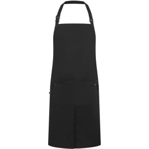 A black ripstop apron with adjustable straps and a front pocket, featuring a logo.