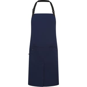 A navy blue ripstop apron with adjustable straps and multiple front pockets. It features a logo.