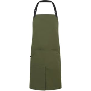 A green apron with a black adjustable strap and front pockets, featuring a logo.