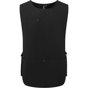 A black Utility 2.0 Vest Apron featuring a front pocket and side ties, with a logo on the front.