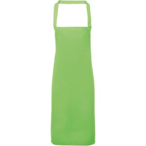 A green bib apron made from 100% organic cotton, featuring a logo and a simple design.