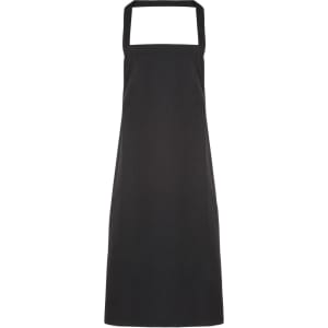 A black organic cotton bib apron featuring a classic design and a logo. Ideal for workwear use.