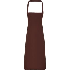 A brown bib apron made from 100% organic cotton, featuring a simple design with no visible logos.