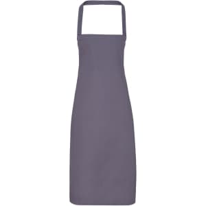 A grey bib apron made from 100% organic cotton, featuring a simple design and an adjustable neck strap.