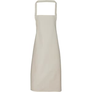 A light beige organic cotton bib apron with adjustable straps and a logo. Perfect for workwear.