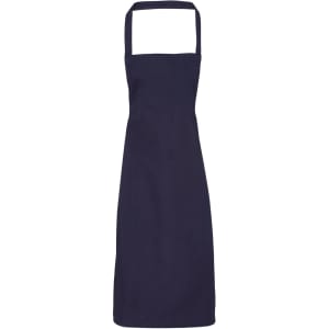 A navy blue 100% organic cotton bib apron with a simple design and a logo.