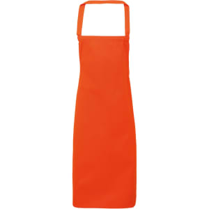 An orange bib apron made from 100% organic cotton, featuring a simple design and a logo.