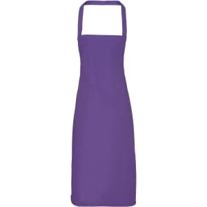 A purple bib apron made from 100% organic cotton, featuring a neck strap and a simple design.