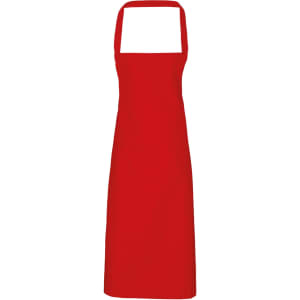 A red bib apron made of 100% organic cotton, featuring a simple design and a logo on the front.