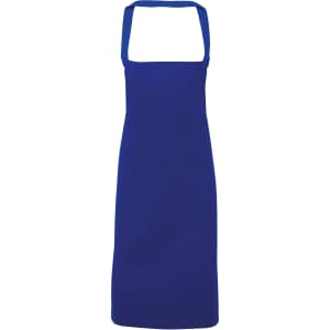 A blue organic cotton bib apron with adjustable straps and a simple design. It features a logo or branding.