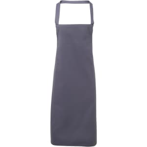 A grey apron made from 100% organic cotton, featuring a simple design and an adjustable neck strap.