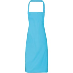 A blue bib apron made from 100% organic cotton, featuring a simple design and an adjustable neck strap.