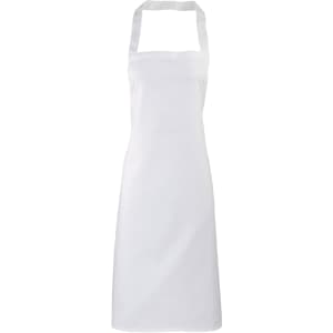 A white bib apron made from 100% organic cotton, featuring a logo on the front and an adjustable neck strap.