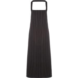 A striped bib apron in black with white stripes, featuring a square neckline and a logo.