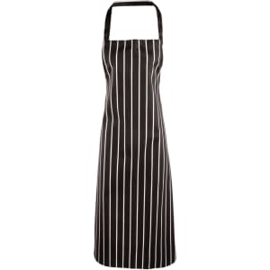 A black and white striped bib apron with a halter neck design and a logo on the front.