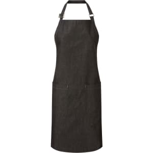 A dark denim bib apron with adjustable straps and two front pockets, featuring a logo.