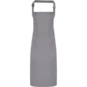 A waterproof bib apron in a sleek grey colour, featuring an adjustable neck strap and solid design.