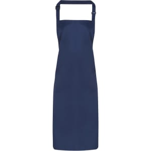 A navy waterproof bib apron featuring adjustable straps and a simple design, with a logo on the front.