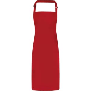 A red waterproof bib apron featuring an adjustable neck strap and a logo. Suitable for workwear.