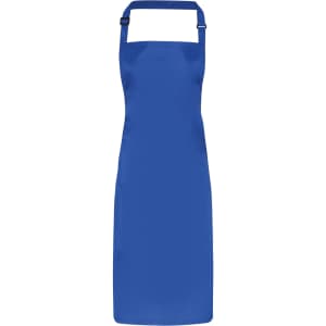 A blue waterproof bib apron with adjustable straps and a logo. Suitable for workwear use.
