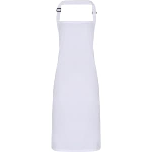 A white waterproof bib apron with a halter neck design and adjustable strap. Features a logo.
