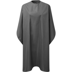 A waterproof salon gown in a sleek grey colour, featuring a simple design and an attached neck.