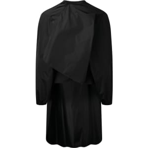 A black waterproof salon gown with long sleeves and a flowing design, featuring a back drape. Includes branding.