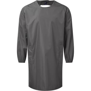 A grey all-purpose waterproof gown with long sleeves and two side pockets, featuring a logo.