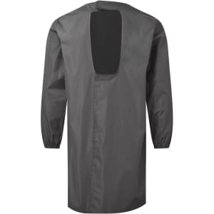 A grey all-purpose waterproof gown with long sleeves and an open back, featuring a logo.