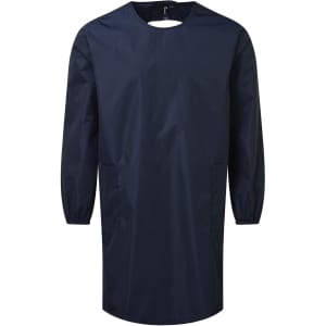 A navy blue all-purpose waterproof gown with long sleeves and side pockets. Features a logo on the front.