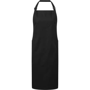A black apron made from recycled polyester and organic cotton, featuring a neck strap and side pockets.