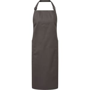 A grey apron made from recycled polyester and organic cotton, featuring an adjustable neck and two side pockets.